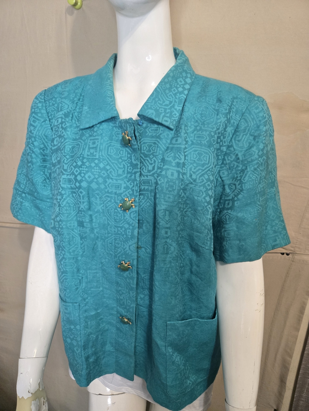 Maggy London Teal Blue Linen-Cotton Shell